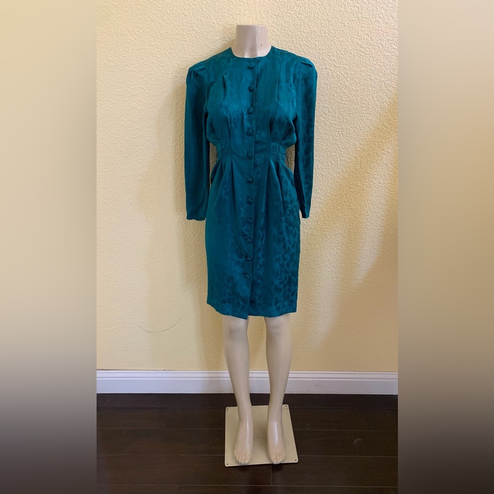VTG Papell Petites Size 2P Green Satin Floral Print Long Sleeve Dress
